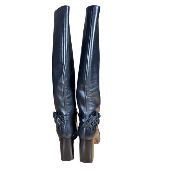 Tory Burch Black Leather Knee-High Boots W/ Chain & Flower Detail 8.5M - Picture 8 of 11